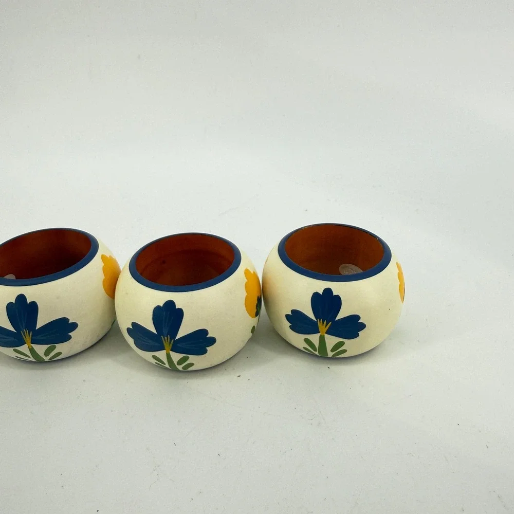 Vintage Floral Napkin Rings Set of 6 Cream Blue Yellow Hand Painted Ceramic